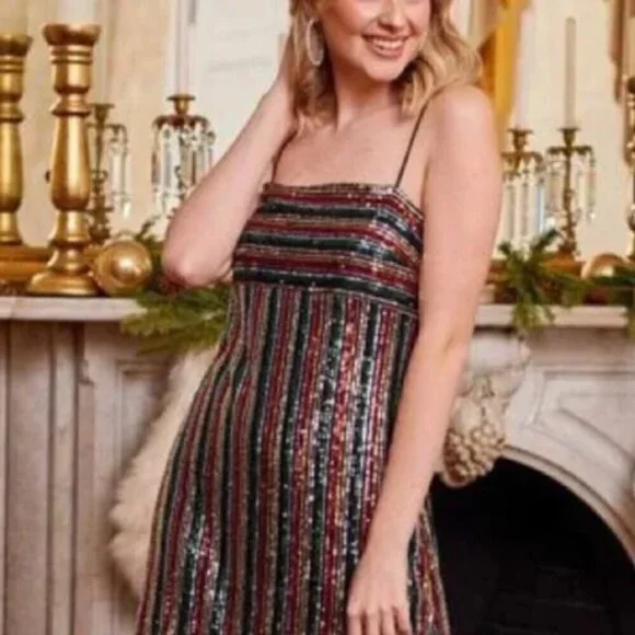 Altar'd State size M Braelynn rainbow sequin mini dress w/ adjustable straps EUC - Picture 2 of 8